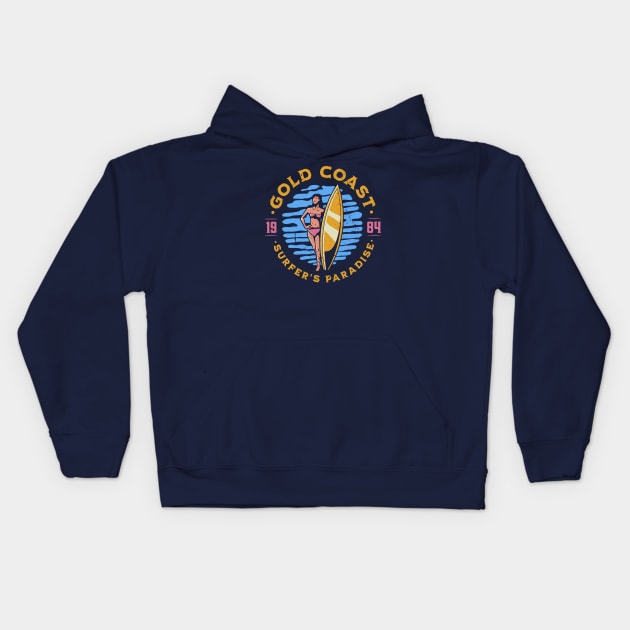 Vintage Gold Coast, Australia Surfer's Paradise // Retro Surfing 1980s Badge Kids Hoodie by Now Boarding